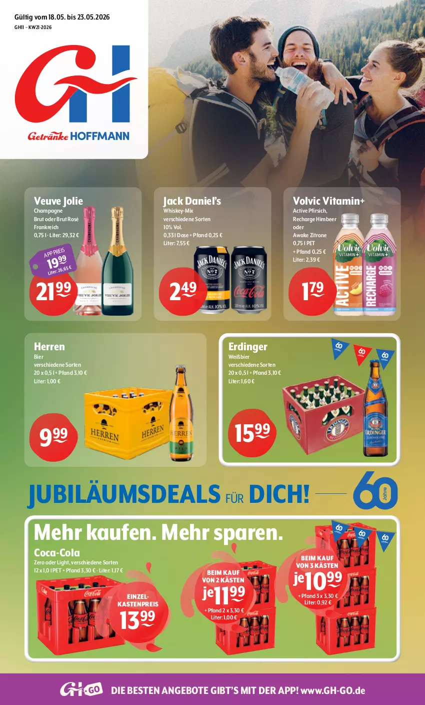 Aktueller Prospekt Getraenke Hoffmann - Prospekte - von 18.05 bis 23.05.2026 - strona 1 - produkty: angebot, angebote, bier, brut, champagne, coca-cola, cola, eis, erdinger, himbeer, jack daniel, Jack Daniel’s, Jubiläums, pfirsich, reis, Ti, vita, volvic, whiskey, zitrone