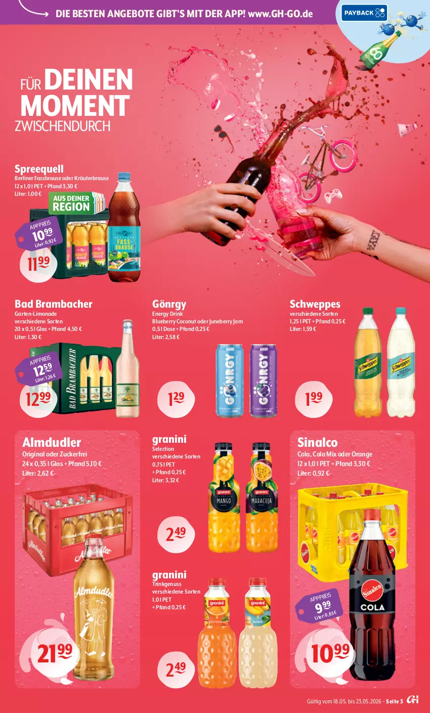 Aktueller Prospekt Getraenke Hoffmann - Prospekte - von 18.05 bis 23.05.2026 - strona 3 - produkty: almdudler, angebot, angebote, Bad, berliner, blueberry, brause, coconut, cola, drink, eis, energy drink, fassbrause, Garten, gin, granini, kräuter, limo, limonade, nuss, oder kräuter, orange, schweppes, sinalco, Spreequell, Ti, zucker