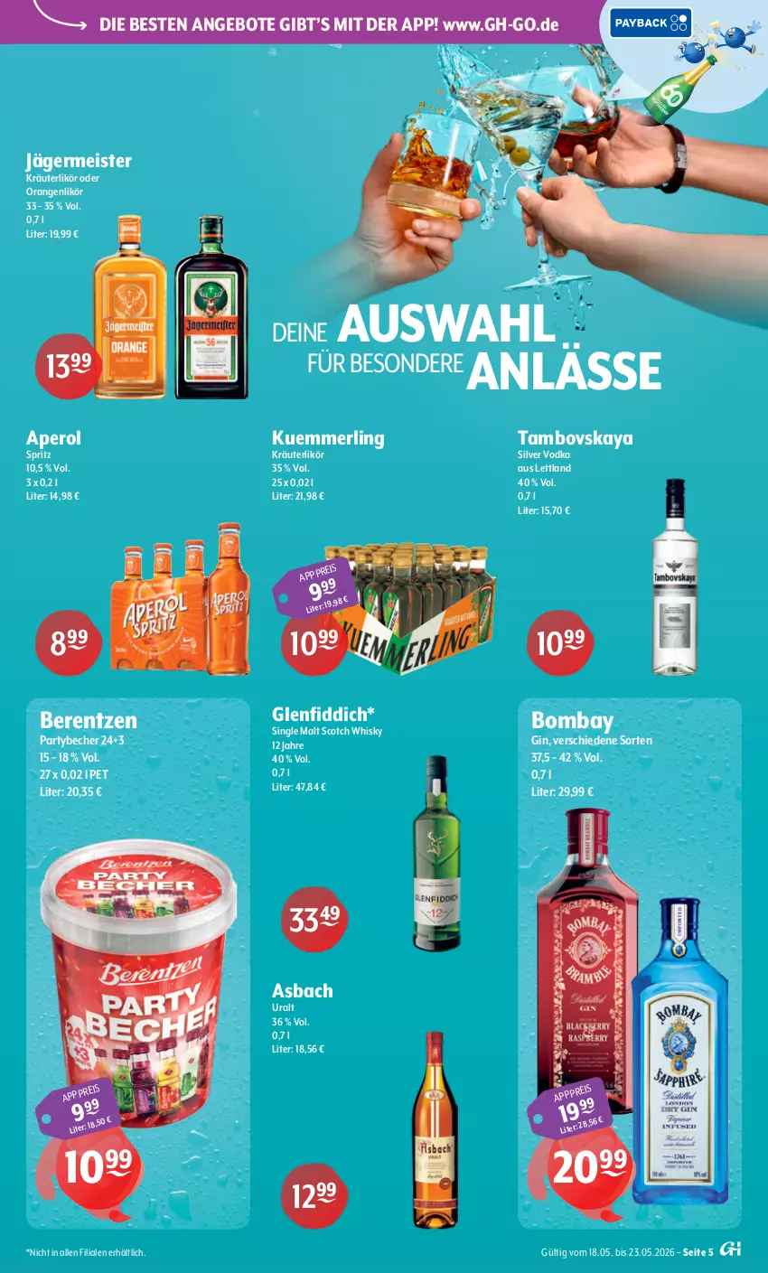 Aktueller Prospekt Getraenke Hoffmann - Prospekte - von 18.05 bis 23.05.2026 - strona 5 - produkty: angebot, angebote, aperol, asbach uralt, Becher, berentzen, eis, Germ, gin, jägermeister, kräuter, kräuterlikör, kuemmerling, likör, Meister, merl, orange, orangen, scotch, scotch whisky, single malt, Ti, vodka, whisky