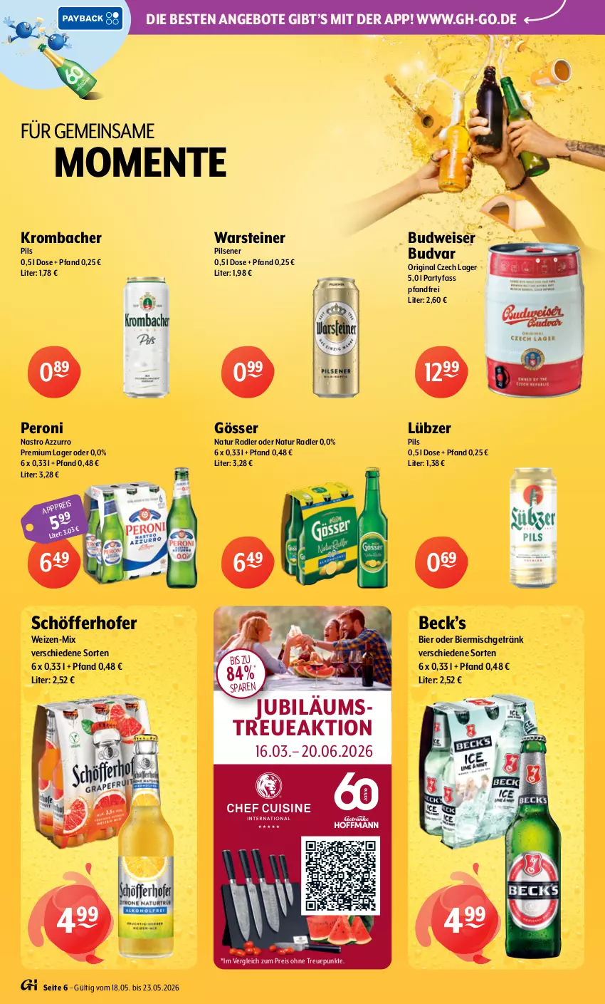 Aktueller Prospekt Getraenke Hoffmann - Prospekte - von 18.05 bis 23.05.2026 - strona 6 - produkty: angebot, angebote, bier, budweiser, eis, ente, getränk, gin, gösser, Jubiläums, krombache, krombacher, krombacher pils, Lübzer, natur, natur radler, Peroni, pils, pilsener, radler, reis, schöfferhofer, steiner, Ti, warsteiner