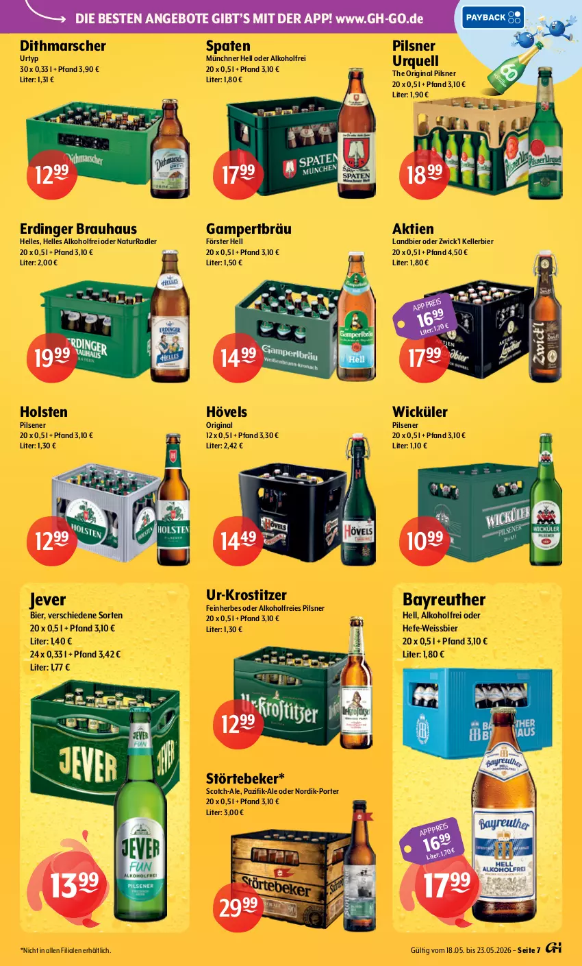 Aktueller Prospekt Getraenke Hoffmann - Prospekte - von 18.05 bis 23.05.2026 - strona 7 - produkty: alkohol, angebot, angebote, bier, eis, elle, erdinger, gin, Hefe, holsten, holsten pilsener, jever, kellerbier, mars, natur, pils, pilsener, pilsner, pilsner urquell, radler, scotch, Spaten, störtebeker, Ti, urtyp, weissbier, WICK