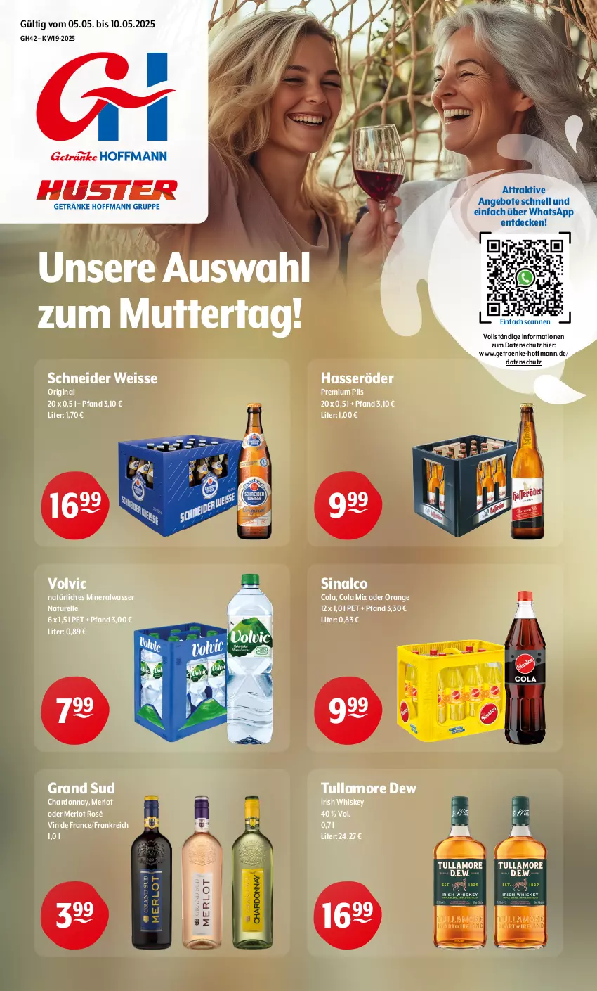 Aktueller Prospekt Getraenke Hoffmann - Prospekte - von 05.05 bis 10.05.2025 - strona 1 - produkty: Alwa, angebot, angebote, chardonnay, cola, decke, eis, elle, gin, grand sud, hasseröder, irish whiskey, merl, merlot, mineralwasser, natur, natürliches mineralwasser, orange, pils, premium pils, rel, sinalco, Ti, tullamore, tullamore dew, vin de france, volvic, wasser, whiskey