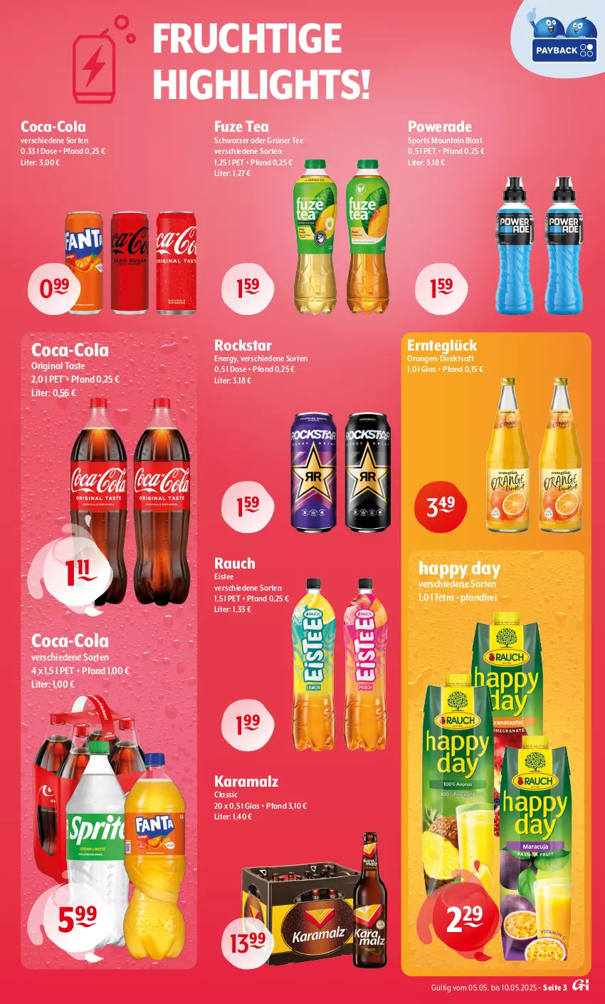 Aktueller Prospekt Getraenke Hoffmann - Prospekte - von 05.05 bis 10.05.2025 - strona 3 - produkty: coca-cola, cola, direktsaft, eis, eistee, frucht, fuze tea, gin, grüner tee, Happy Day, karamalz, malz, orange, orangen, rama, Rauch, Rockstar, saft, Sport, tee, Ti