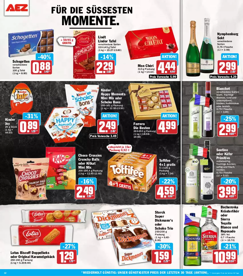 Aktueller Prospekt Aez - Prospekte - von 21.10 bis 26.10.2024 - strona 12 - produkty: ball, Becher, Becherovka, biscoff, choco crossies, crossies, eis, ente, ferrero, flasche, frucht, gin, hero, käfer, keks, Kinder, kitkat, kräuter, kräuterlikör, LG, likör, lindor, lindt, Mon Chéri, primitivo, reis, saft, schogetten, schoko, sekt, Sierra, sierra tequila, storck, tequila, Ti, toffifee, ZTE