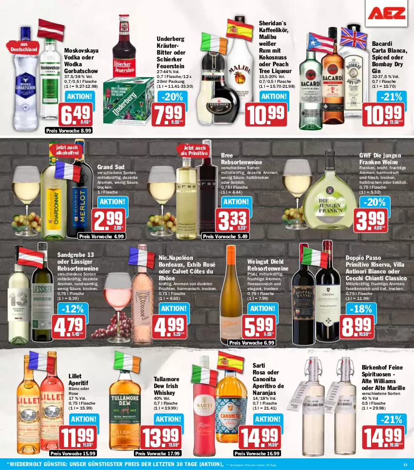 Aktueller Prospekt Aez - Prospekte - von 21.10 bis 26.10.2024 - strona 13 - produkty: alkohol, aperitif, bacardi, bree, canon, chia, chianti, classico, doppio passo, dry gin, eis, ente, finesse, flasche, frucht, früchte, früchten, gin, Gorbatschow, grand sud, irish whiskey, kaffee, kokos, kokosnuss, kräuter, likör, lillet, liqueur, Malibu, moskovskaya, nuss, passo, primitivo, rebsortenweine, reis, riserva, rum, spirituosen, Ti, tullamore, tullamore dew, underberg, vodka, wein, weine, whiskey, wodka, ZTE