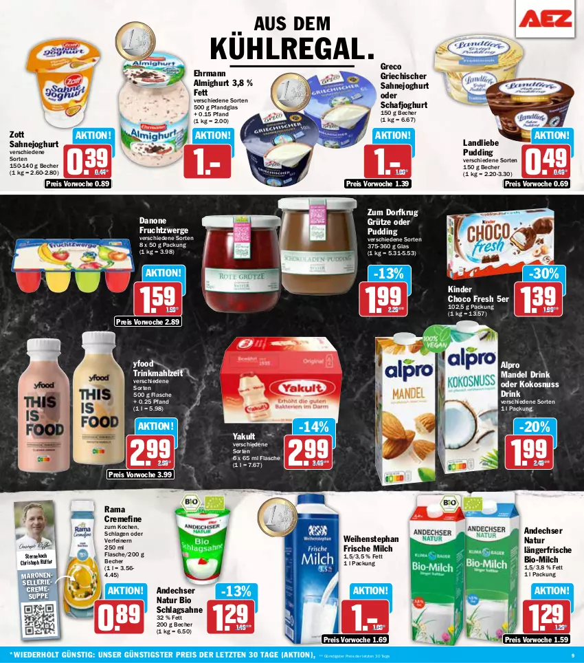 Aktueller Prospekt Aez - Prospekte - von 21.10 bis 26.10.2024 - strona 9 - produkty: almighur, almighurt, alpro, andechser natur, aus dem kühlregal, Becher, bio, choco fresh, creme, cremesuppe, danone, danone fruchtzwerge, drink, ehrmann, ehrmann almighurt, eis, elle, flasche, frische milch, frucht, fruchtzwerge, grütze, joghur, joghurt, Kinder, Kinder Choco fresh, kokos, kokosnuss, kühlregal, landliebe, mandel, milch, natur, nuss, pudding, rama, rama cremefine, regal, reis, sahne, Sahnejoghurt, schlagsahne, suppe, Ti, weihenstephan, zott, ZTE, Zum Dorfkrug