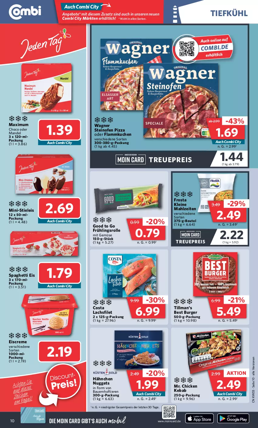 Aktueller Prospekt Combi - Prospekte - von 14.08 bis 19.08.2023 - strona 10 - produkty: angebot, angebote, auer, Bau, Bauer, beutel, burger, creme, eis, eiscreme, filet, flammkuchen, frosta, kuchen, lachs, lachsfilet, lamm, leine, mandel, mit gemüse, nuggets, Ofen, pizza, reis, spaghetti, steinofen, steinofen pizza, stieleis, Ti, Tiere, wagner, ZTE