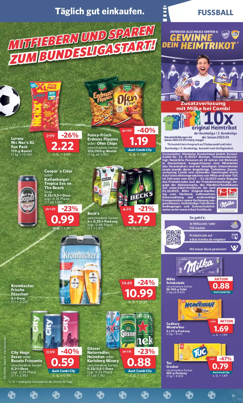 Aktueller Prospekt Combi - Prospekte - von 14.08 bis 19.08.2023 - strona 11 - produkty: ball, Bau, beispielabbildung, beutel, burger, chips, cider, cracker, ecco, eis, erdnuss, flippies, frizzante, funny-frisch, gewinnspiel, gin, gösser, heineken, hugo, karlsberg, karlsberg mixery, katlenburger, krombache, krombacher, lorenz, milka, milka schokolade, Mixer, mixery, mondelez, natur, nuss, Ofen, radler, reis, rosato, rwe, schoko, schokolade, Ti, Trikot, tuc, ZTE