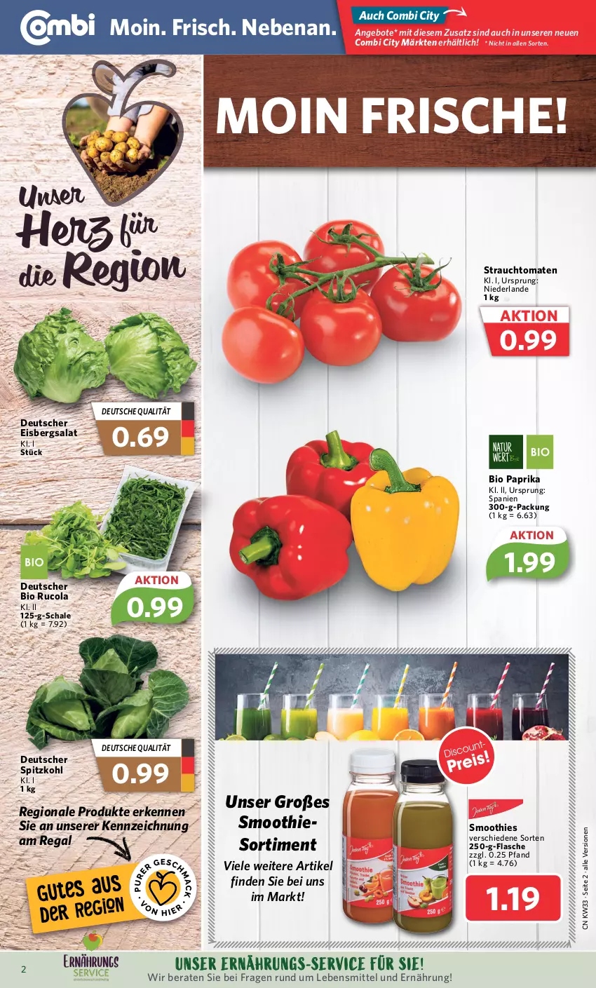 Aktueller Prospekt Combi - Prospekte - von 14.08 bis 19.08.2023 - strona 2 - produkty: angebot, angebote, bio, cola, eis, eisbergsalat, flasche, lebensmittel, paprika, Rauch, regal, rucola, salat, Schal, Schale, smoothie, smoothies, spitzkohl, strauchtomaten, Ti, tomate, tomaten