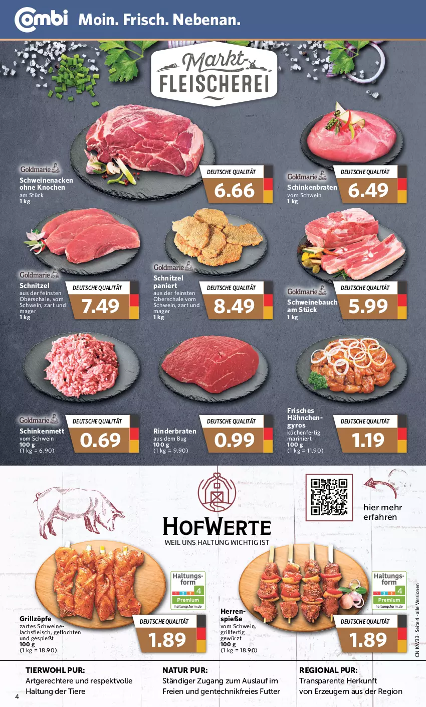 Aktueller Prospekt Combi - Prospekte - von 14.08 bis 19.08.2023 - strona 4 - produkty: Bau, braten, eis, ente, fleisch, gewürz, grill, gyros, küche, Küchen, lachs, Mett, natur, rind, rinder, rinderbraten, Schal, Schale, schinken, schinkenbraten, schnitzel, schwein, schweine, Schweinebauch, Ti, Tiere, wein, weine