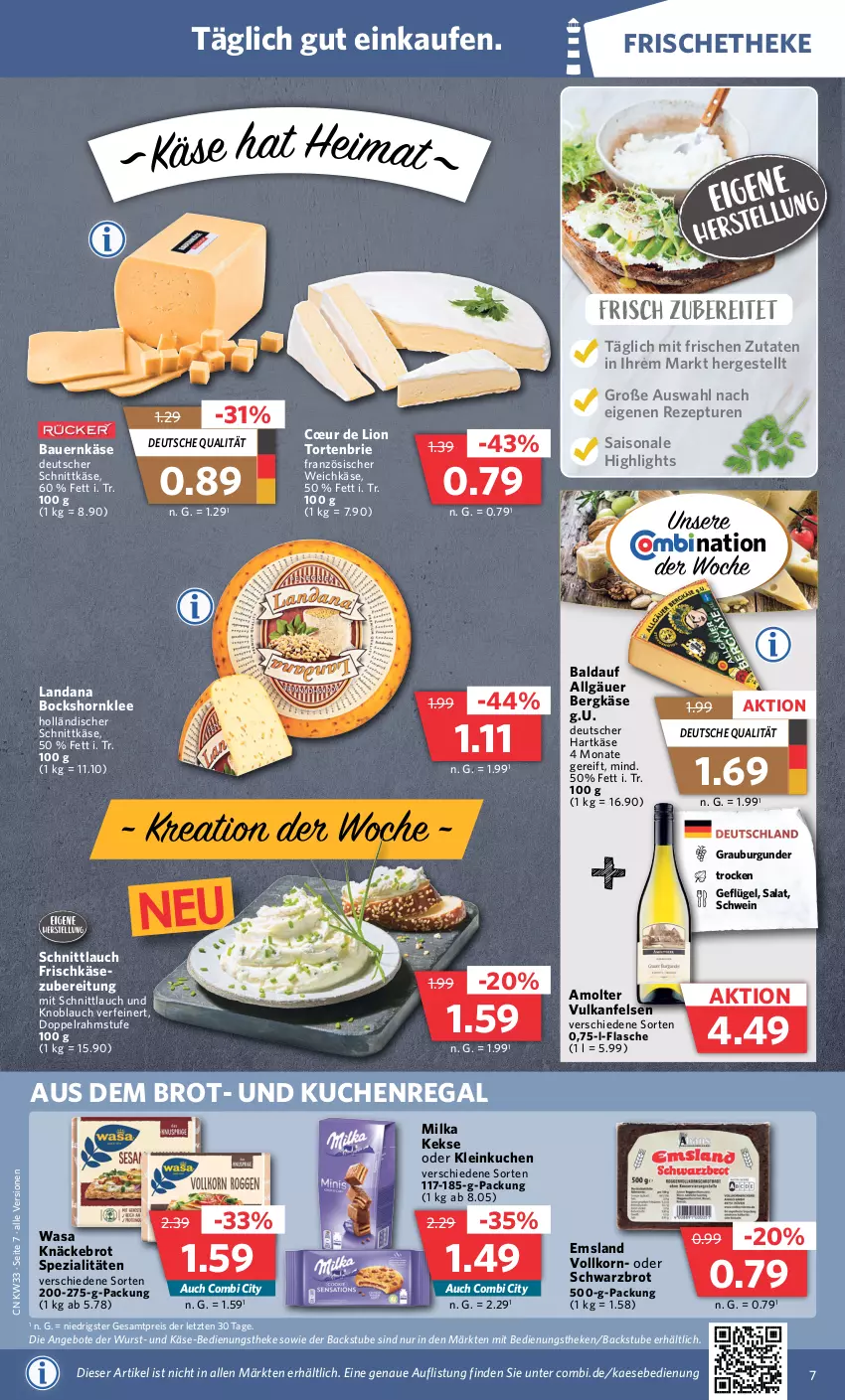 Aktueller Prospekt Combi - Prospekte - von 14.08 bis 19.08.2023 - strona 7 - produkty: angebot, angebote, auer, Bau, Bauer, Bergkäse, brie, brot, burgunder, doppelrahmstufe, eis, flasche, frischkäse, Geflügel, grauburgunder, hartkäse, holländischer schnittkäse, kaes, Käse, keks, kekse, knäckebrot, knoblauch, korn, kuchen, LG, lion, milka, regal, reis, rezept, salat, schnittkäse, schnittlauch, Schwarzbrot, schwein, Spezi, stube, Ti, torte, wasa, weichkäse, wein, wurst, ZTE