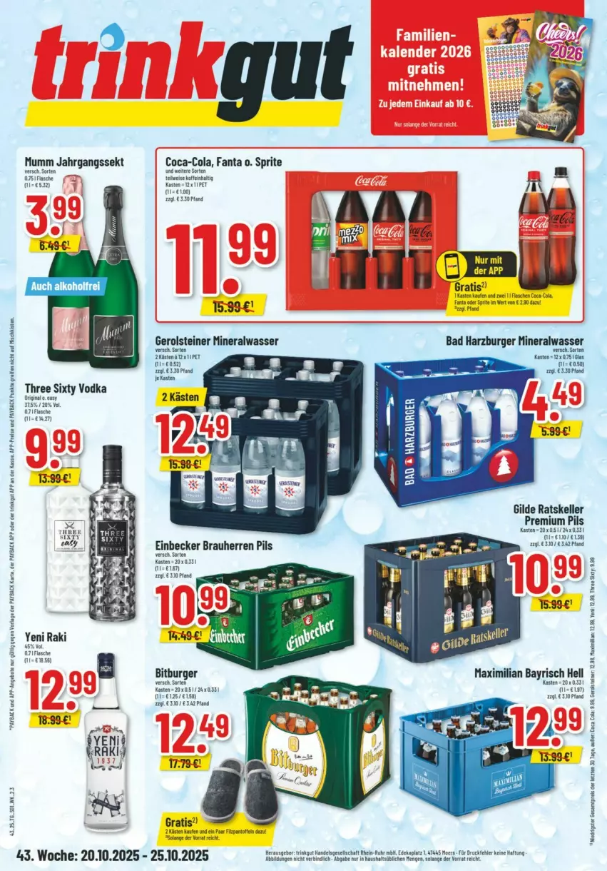 Aktueller Prospekt Trinkgut - Prospekte - von 19.10 bis 25.10.2025 - strona 1 - produkty: Alwa, Bad, bitburger, burger, coca-cola, cola, eis, elle, fanta, gerolsteine, gerolsteiner, jahrgangssekt, mineralwasser, mumm, payback, pils, premium pils, reifen, reis, sekt, sprite, steiner, Ti, wasser, ZTE