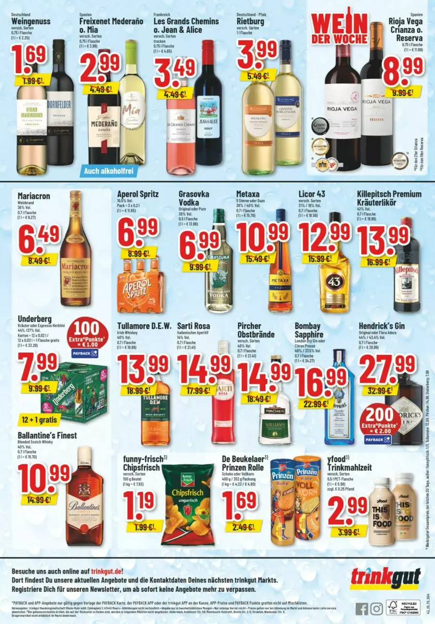 Aktueller Prospekt Trinkgut - Prospekte - von 19.10 bis 25.10.2025 - strona 6 - produkty: angebot, angebote, ball, Brei, de beukelaer, elle, flasche, freixenet, gin, Hendrick's Gin, licor, licor 43, mariacron, Metaxa, nuss, obst, payback, pircher, prinzen rolle, Ria, rioja, sapphire, schoko, Ti, tullamore, underberg, wein