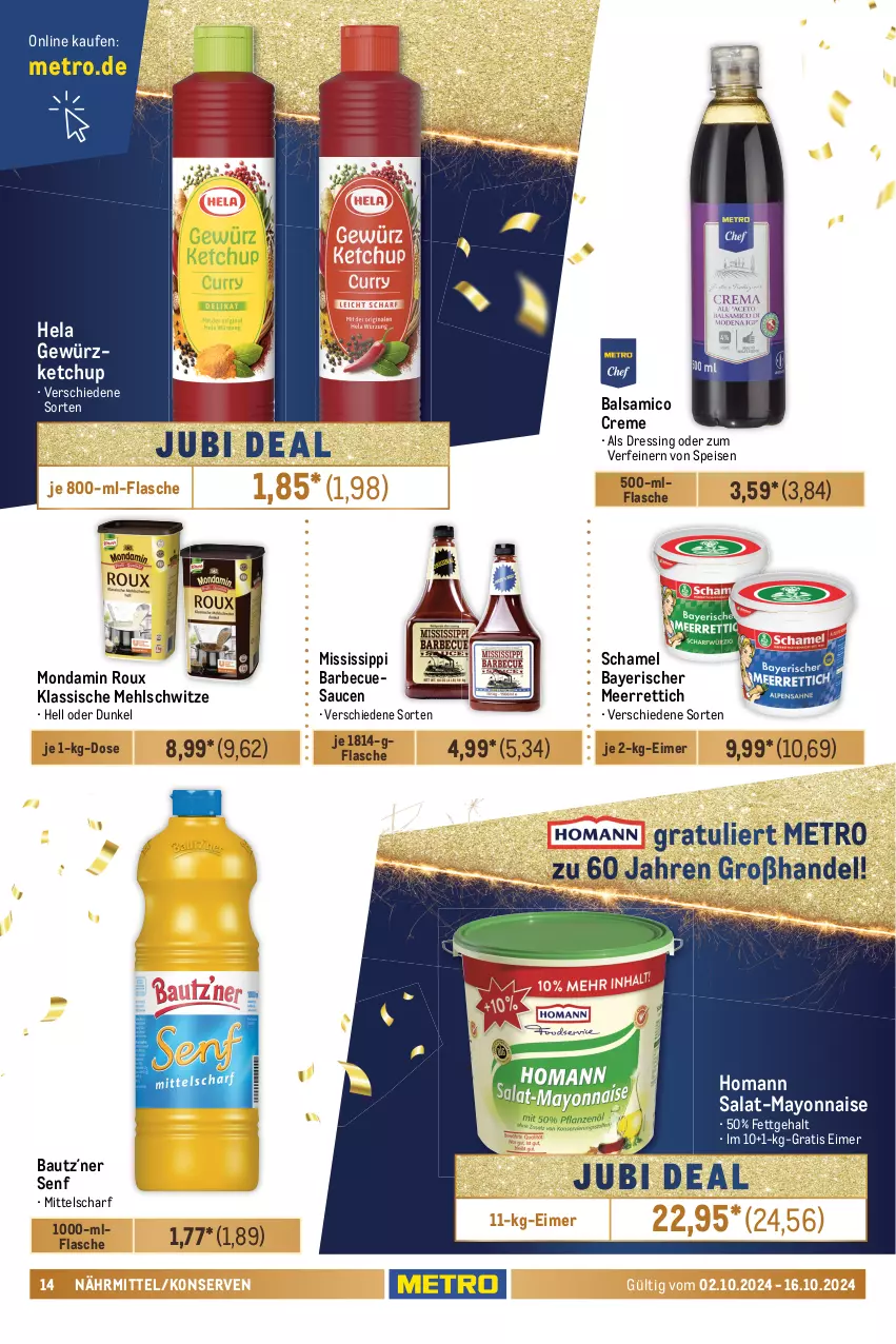 Aktueller Prospekt Metro - GastroJournal - von 02.10 bis 16.10.2024 - strona 14 - produkty: balsam, balsamico, barbecue, basmati, basmati-reis, Bau, beutel, braun, creme, Dr. Oetker, dressing, eimer, eis, flasche, gemüsemais, gewürz, Gewürzgurke, gewürzgurken, gewürzketchup, gurke, gurken, Hela, homann, ketchup, Konserven, leimer, LG, mais, mayonnaise, meerrettich, mehl, Metro, mondamin, natur, Paniermehl, pizza, Pizzamehl, reis, Rettich, rohrzucker, sac, saft, sahne, sahnesteif, salat, sauce, saucen, schamel, Semmel, Semmelbrösel, senf, spreewald-feldmann, Ti, tomate, tomaten, Tomatensaft, Yo, zucker