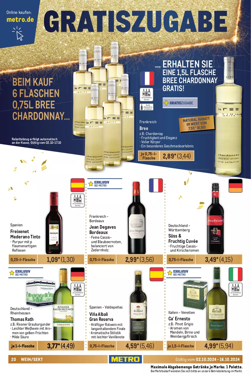 Aktueller Prospekt Metro - GastroJournal - von 02.10 bis 16.10.2024 - strona 20 - produkty: auto, Blaubeer, bree, brut, burgunder, cassis, champagne, champagner, chardonnay, cuvée, de blancs, ecco, elle, ernesto, flasche, freixenet, frizzante, frucht, früchte, früchten, getränk, getränke, grauburgunder, Holz, honig, honigmelone, kirsch, La Gioiosa, LG, mac, mandel, mandeln, melone, Metro, mumm, natur, natura, Palette, perla, perlen, pfirsich, Pinot, pinot grigio, prosecco, puma, Ria, Rivaner, rotwein, Schal, Schale, sekt, spumante, Ti, tisch, valdo, vanille, wein, Weißwein, zitrone, zitronen