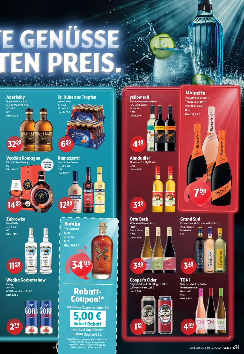 Aktueller Prospekt Getraenke Hoffmann - Prospekte - von 25.11 bis 07.12.2024 - strona 5 - produkty: almdudler, aust, Bumbu, chardonnay, chia, cider, coupon, coupons, ecco, eis, flasche, frucht, geschenkpackung, gin, Glühwein, Gorbatschow, grand sud, kräuter, likör, merl, merlot, mionetto, prosecco, puma, rama, ramazzott, ramazzotti, reis, rum, scotch, scotch whisky, single malt, sofort-rabatt, spumante, Ti, Vecchia Romagna, vin de france, vodka, wein, whisky, wodka, yellow tail, zott