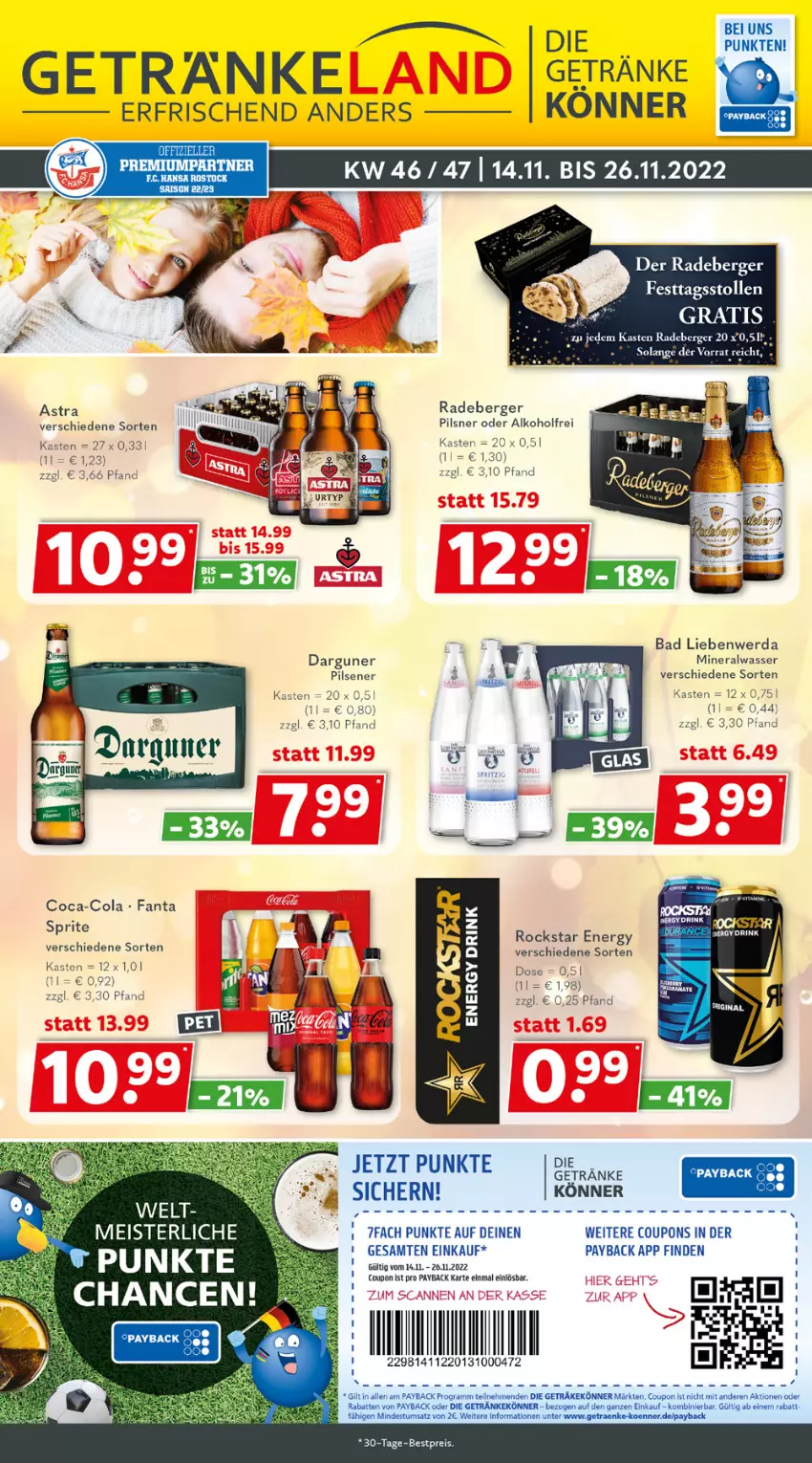 Aktueller Prospekt Getraenkeland - von 14.11 bis 26.11.2022 - strona 1 - produkty: alkohol, Alwa, Astra, Bad, Bad Liebenwerda, Berger, bestpreis, coca-cola, cola, coupon, coupons, drink, eis, elle, energy drink, fanta, getränk, getränke, Meister, mineralwasser, payback, pils, pilsener, pilsner, radeberger, radeberger pilsner, reis, Rockstar, sprite, Stollen, Ti, wasser