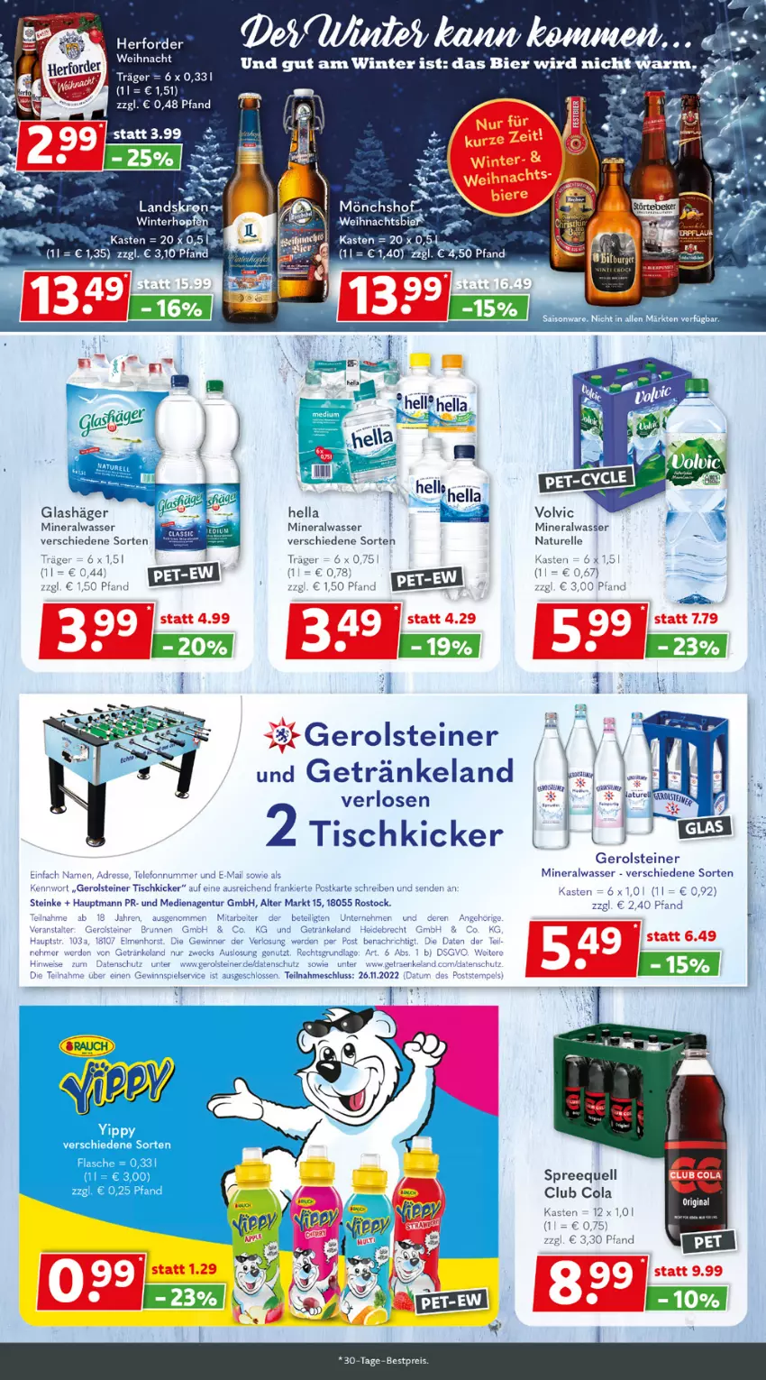 Aktueller Prospekt Getraenkeland - von 14.11 bis 26.11.2022 - strona 4 - produkty: Alwa, bestpreis, bett, bier, brunnen, cola, eis, Elan, elle, erde, gerolsteine, gerolsteiner, getränk, getränke, gewinnspiel, gin, mineralwasser, natur, reis, rel, Spreequell, steiner, telefon, Ti, tisch, volvic, wasser, weck