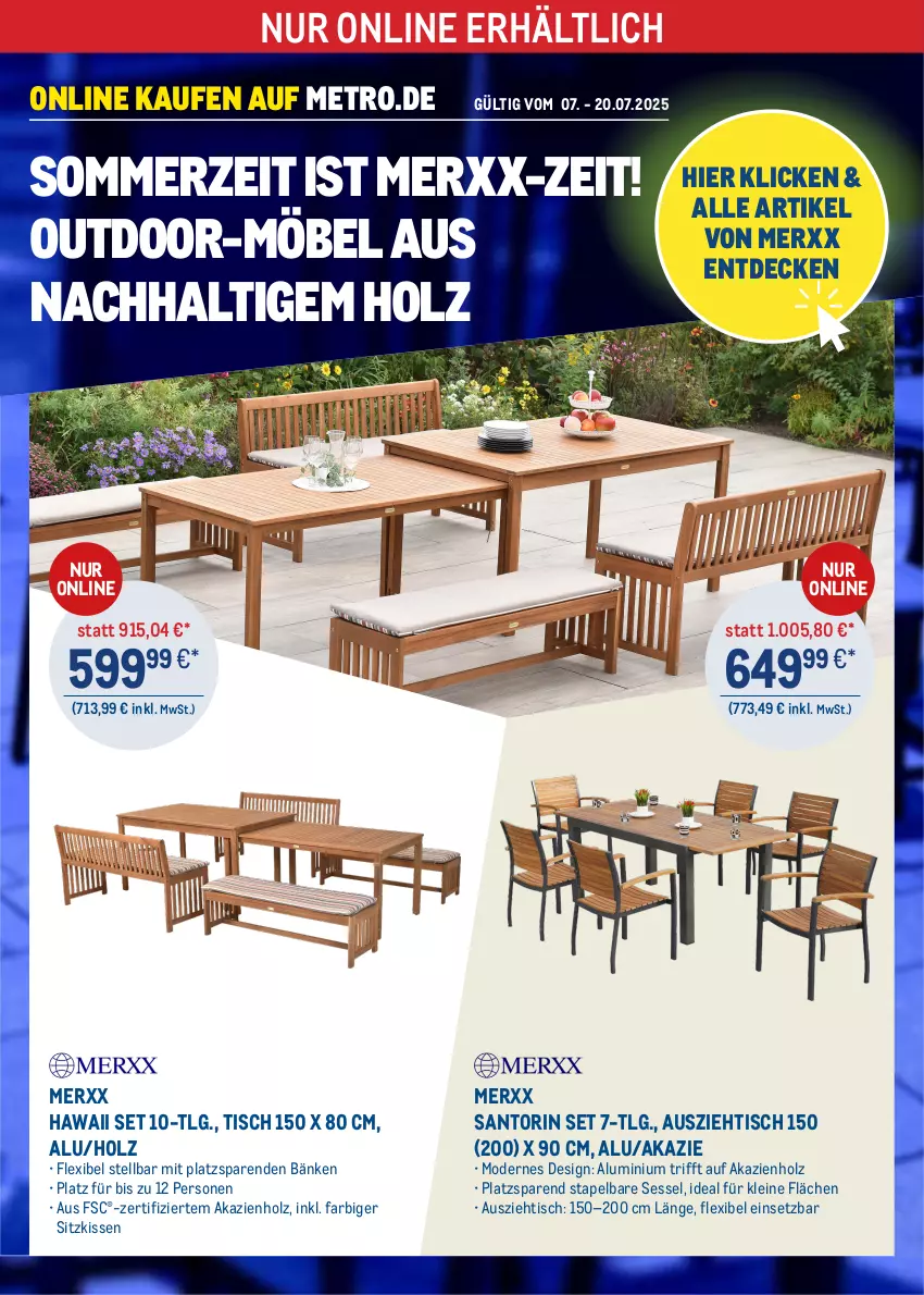 Aktueller Prospekt Metro - Online: Angebote von Merxx - von 07.07 bis 20.07.2025 - strona 1 - produkty: decke, Holz, kissen, leine, LG, Metro, möbel, Mode, sessel, sitzkissen, Ti, tisch