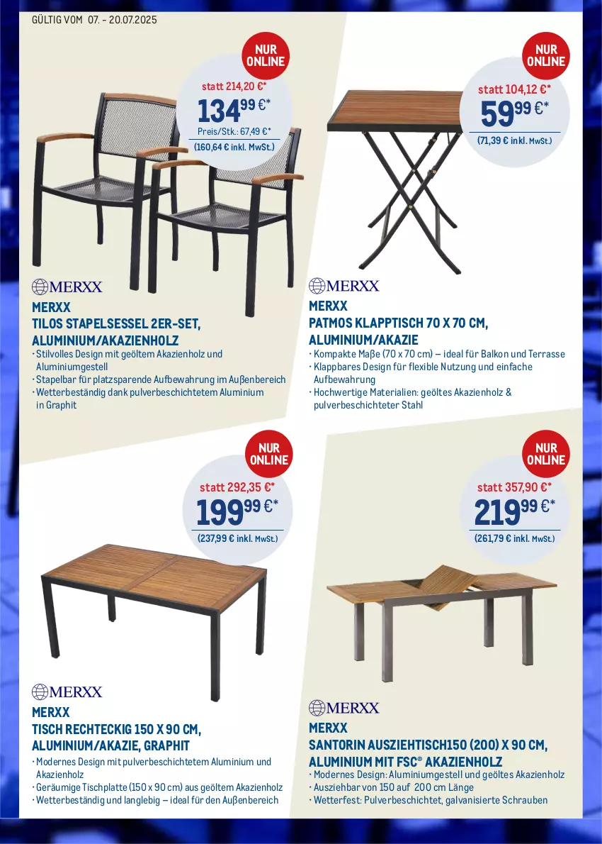 Aktueller Prospekt Metro - Online: Angebote von Merxx - von 07.07 bis 20.07.2025 - strona 3 - produkty: aluminiumgestell, eis, Holz, HP, klapptisch, latte, Mode, reis, Ria, schrauben, sessel, stapelsessel, Ti, tisch, tischplatte