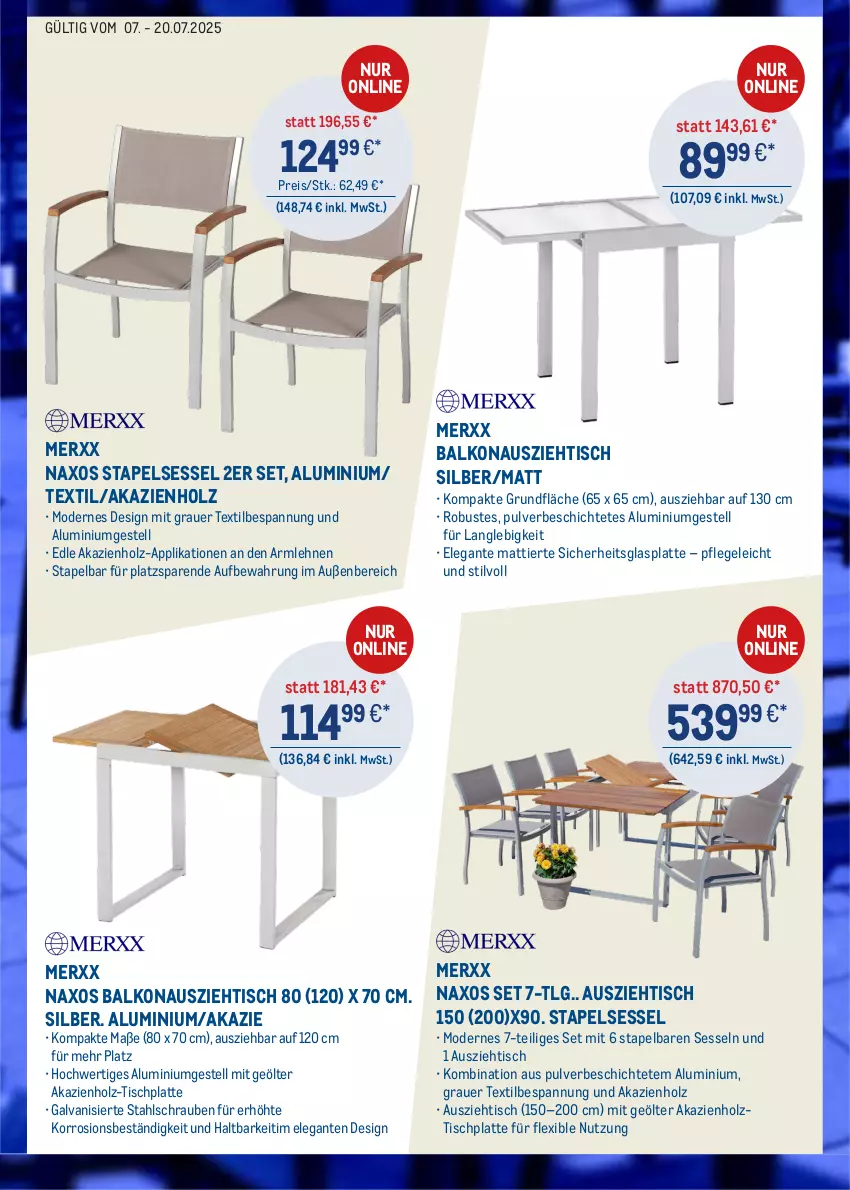 Aktueller Prospekt Metro - Online: Angebote von Merxx - von 07.07 bis 20.07.2025 - strona 4 - produkty: aluminiumgestell, armlehnen, auer, eis, glasplatte, Holz, HP, latte, LG, Mode, reis, schrauben, sessel, stapelsessel, Ti, tisch, tischplatte