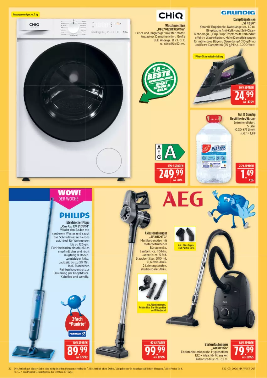 Aktueller Prospekt Marktkauf - Prospekt - von 11.01 bis 17.01.2026 - strona 32 - produkty: akku, aqua, aquastop, auer, Bau, Behälter, bodenstaubsauger, bügel, Bügeleisen, bürste, bürsten, dampfbügeleisen, edelstahl, eis, grundig, hygienefilter, möbel, Philips, Pinsel, reiniger, reis, Schal, staubsauger, Teleskop, Ti, wandhalterung, waschmaschine, wasser, ZTE