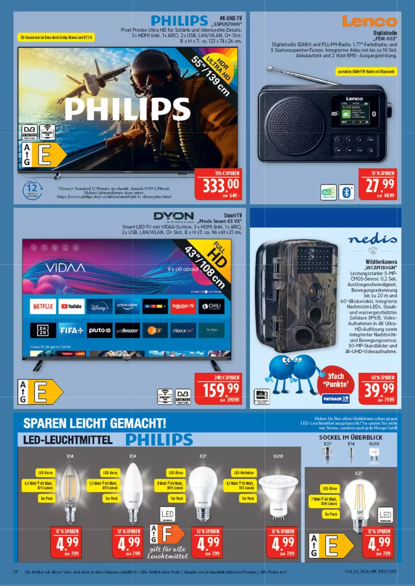 Aktueller Prospekt Marktkauf - Prospekt - von 11.01 bis 17.01.2026 - strona 34 - produkty: akku, Bewegungssensor, cmos-sensor, deo, disney, eis, HDMI, kamera, leds, lenco, leuchtmittel, netflix, Philips, Radio, reis, Ti, uhd, UHD-TV, usb, wasser, Wild, ZTE