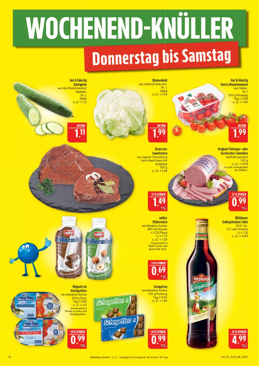 Aktueller Prospekt Marktkauf - Prospekt - von 11.01 bis 17.01.2026 - strona 42 - produkty: auer, blume, blumen, blumenkohl, eis, filet, filets, fisch, flasche, gelee, gewürz, gin, gurke, hering, Herings, Käse, kräuter, likör, milch, Müller, müllermilch, original thüringer, reis, ring, rispentomaten, rügenfisch, salat, Salatgurke, schogetten, Ti, tomate, tomaten, wilthener, ZTE