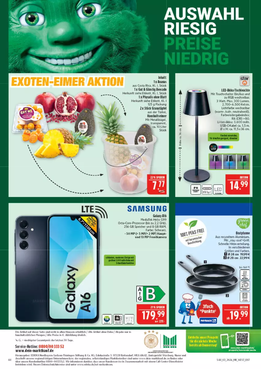 Aktueller Prospekt Marktkauf - Prospekt - von 11.01 bis 17.01.2026 - strona 44 - produkty: akku, ananas, Astra, avocado, bratpfanne, bügel, deka, eimer, eis, elle, ente, frontkamera, grana, Granatäpfel, kamera, Leuchte, pfanne, Physalis, Rana, reis, ring, sac, Samsung, samsung galaxy, Samsung Galaxy A, Schal, Ti, tisch, tischleuchte, usb, ZTE
