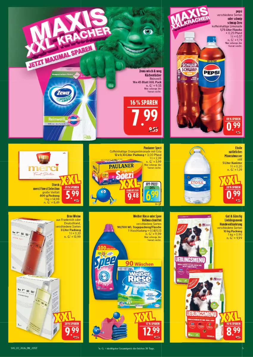 Aktueller Prospekt Marktkauf - Prospekt - von 11.01 bis 17.01.2026 - strona 5 - produkty: Alwa, bree, coffein, cola, eis, flasche, küche, Küchen, küchentücher, limo, limonade, mineralwasser, Mineralwasser Still, natürliches mineralwasser, orange, orangen, Paula, paulaner, pepsi, reis, Schwip Schwap, spee, Spezi, storck, Ti, tücher, vollwaschmittel, waschmittel, wasser, wein, weine, ZTE