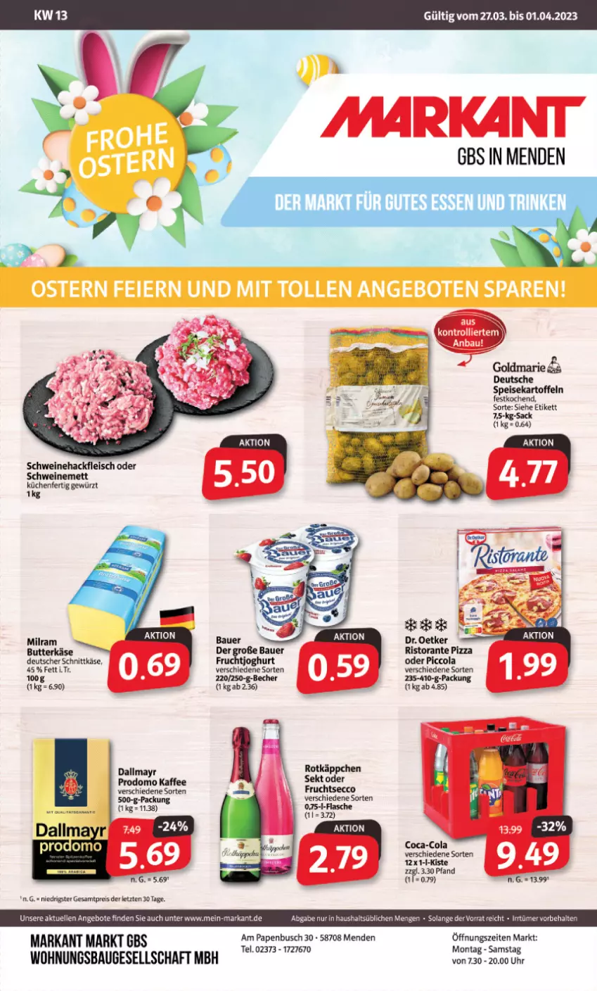 Aktueller Prospekt Markant - Prospekte - von 27.03 bis 01.04.2023 - strona 1 - produkty: auer, Bau, Bauer, Becher, coca-cola, cola, dallmayr, deutscher schnittkäse, eis, flasche, fleisch, gewürz, gutes essen, hackfleisch, kaffee, kartoffel, kartoffeln, Käse, Mett, milram, prodomo, rotkäppchen, sac, schnittkäse, schwein, schweine, Schweinehackfleisch, schweinemett, sekt, speisekartoffeln, Ti, trolli, uhr, wein, weine