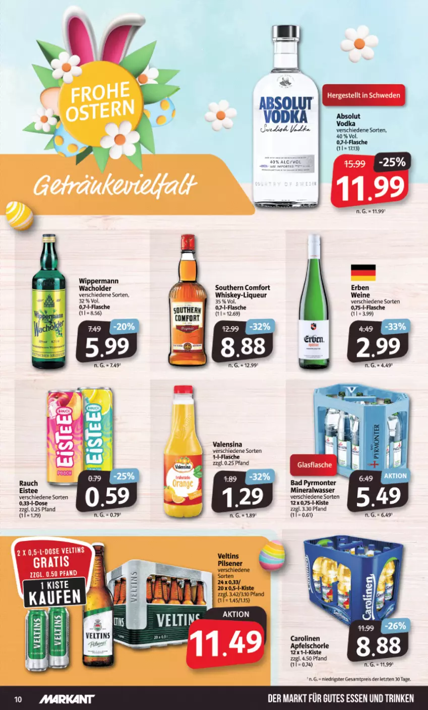 Aktueller Prospekt Markant - Prospekte - von 27.03 bis 01.04.2023 - strona 10 - produkty: Alwa, apfel, Apfelschorle, eis, eistee, flasche, gutes essen, liqueur, mineralwasser, monte, reis, schorle, Southern Comfort, tee, Ti, valensina, veltins, vodka, wasser, wein, weine, whiskey, ZTE