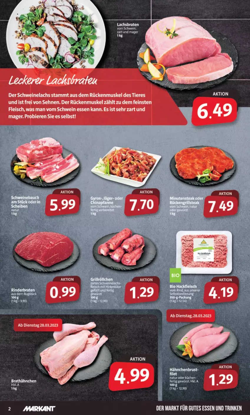 Aktueller Prospekt Markant - Prospekte - von 27.03 bis 01.04.2023 - strona 2 - produkty: bier, Biere, braten, eis, fleisch, gutes essen, lachs, Lachsbraten, schwein, schweine, Schweinelachs, Ti, Tiere, wein, weine