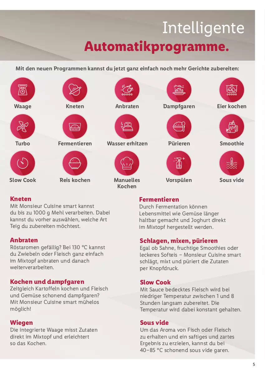 Aktueller Prospekt Lidl - Monsieur Cuisine Smart - von 13.03 bis 01.04.2023 - strona 5 - produkty: auto, braten, eier, eis, elle, ente, erde, fisch, fleisch, frucht, Intel, joghur, joghurt, kartoffel, kartoffeln, lebensmittel, mac, mehl, Monsieur Cuisine, reis, saft, sahne, sauce, smoothie, smoothies, Spülen, Ti, Tiere, topf, und gemüse, Waage, wasser, zwiebel, zwiebeln