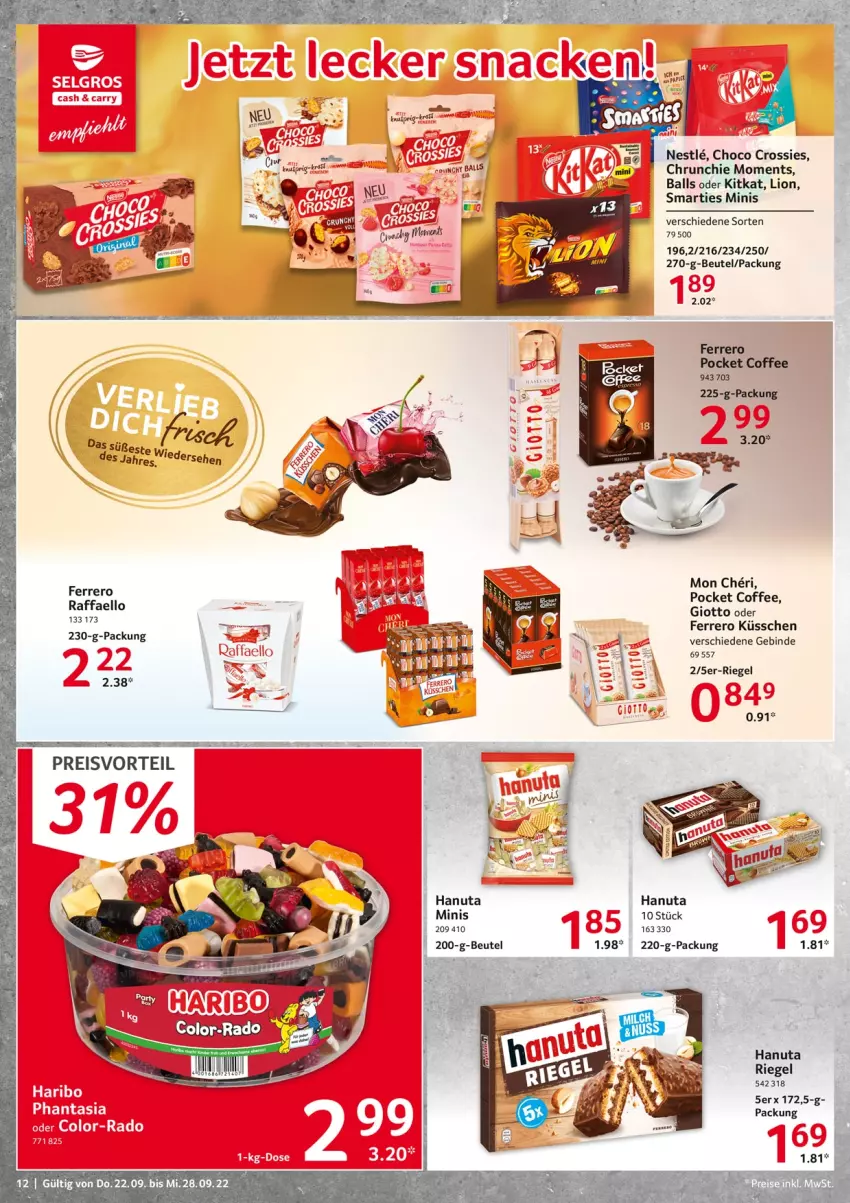 Aktueller Prospekt Selgros - Food - von 22.09 bis 28.09.2022 - strona 12 - produkty: ball, beutel, choco crossies, crossies, ferrero, Ferrero Küsschen, giotto, hanuta, kitkat, lion, raffaello, riegel, smarties, Ti