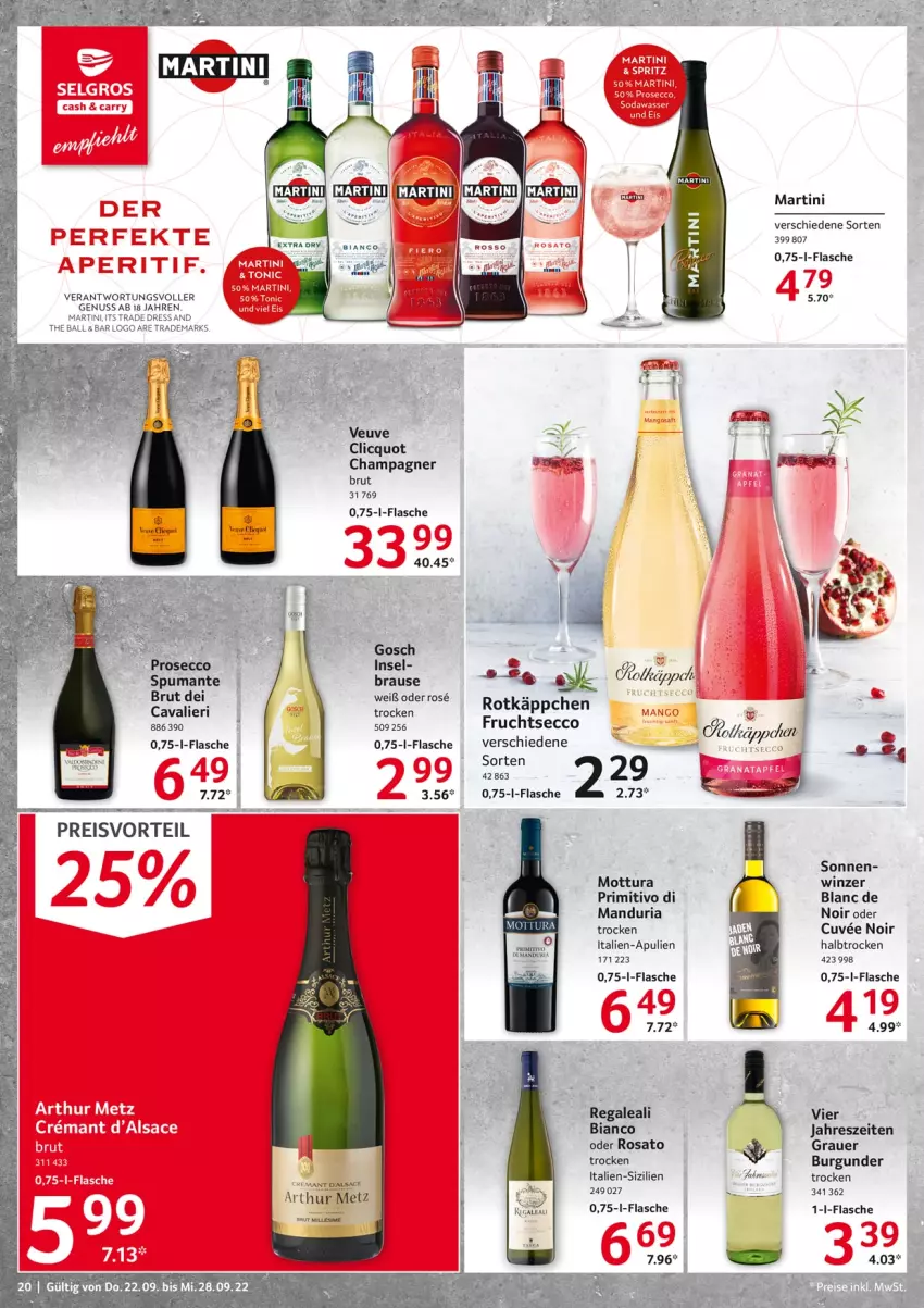 Aktueller Prospekt Selgros - Food - von 22.09 bis 28.09.2022 - strona 20 - produkty: auer, ball, brause, brut, burgunder, Cava, champagne, champagner, flasche, martini, nuss, primitivo, puma, regal, Ria, rosato, spumante, Ti, Yo