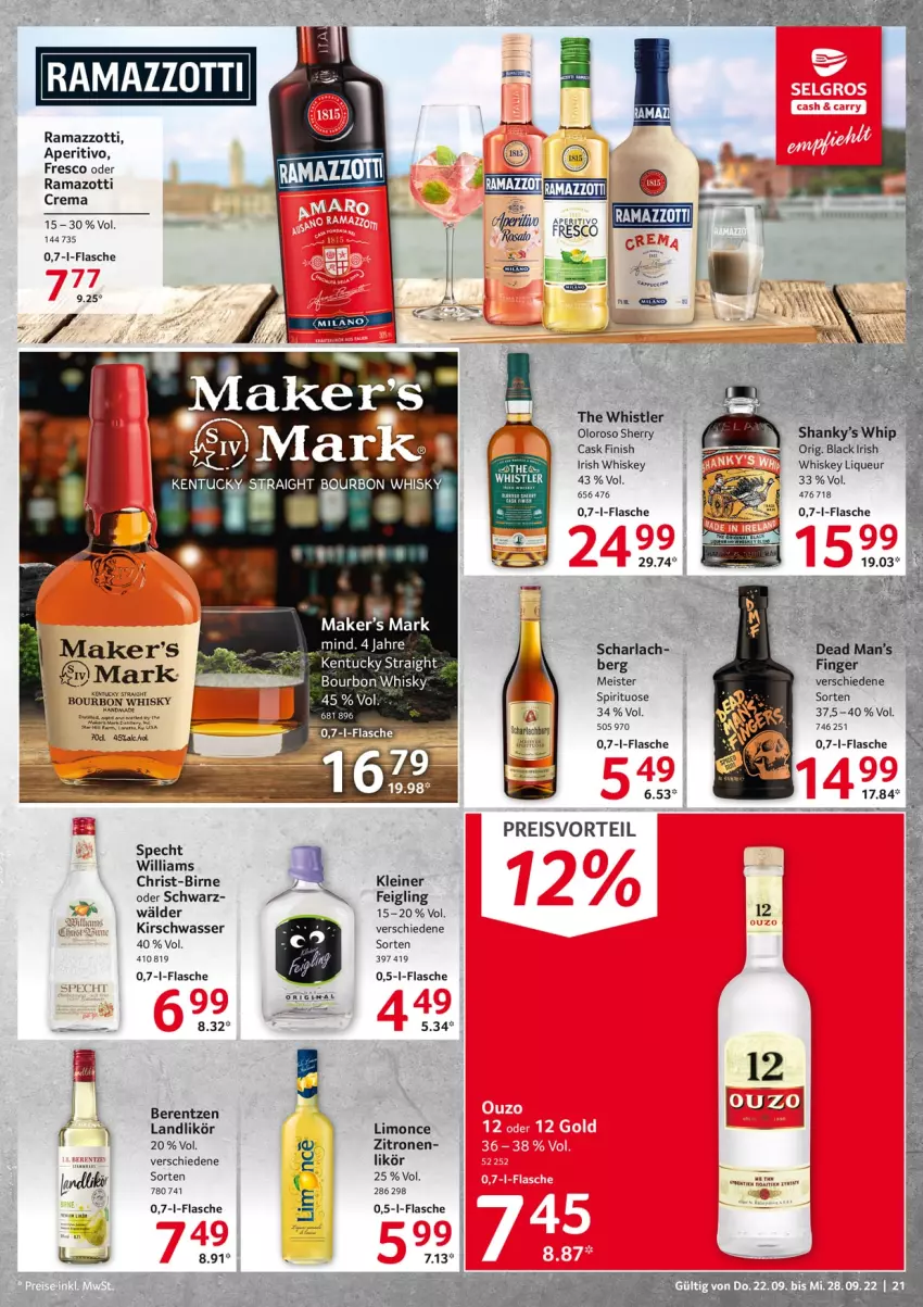 Aktueller Prospekt Selgros - Food - von 22.09 bis 28.09.2022 - strona 21 - produkty: arla, berentzen, bourbon, eis, ente, Finish, flasche, irish whiskey, kentucky straight, kirsch, lack, leine, likör, limo, liqueur, Meister, preisvorteil, rama, ramazzott, ramazzotti, reis, specht, Ti, tuc, wasser, whiskey, whisky, zitrone, zitronen, zott