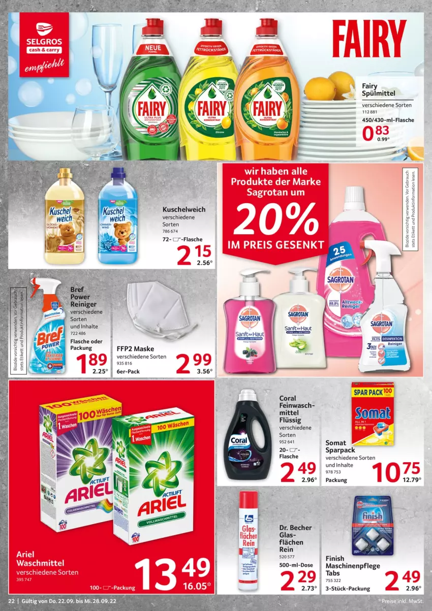 Aktueller Prospekt Selgros - Food - von 22.09 bis 28.09.2022 - strona 22 - produkty: Becher, bio, Coral, fairy, FFP2, Finish, flasche, Kuschelweich, Maske, Rauch, reiniger, rwe, somat, spülmittel, Ti