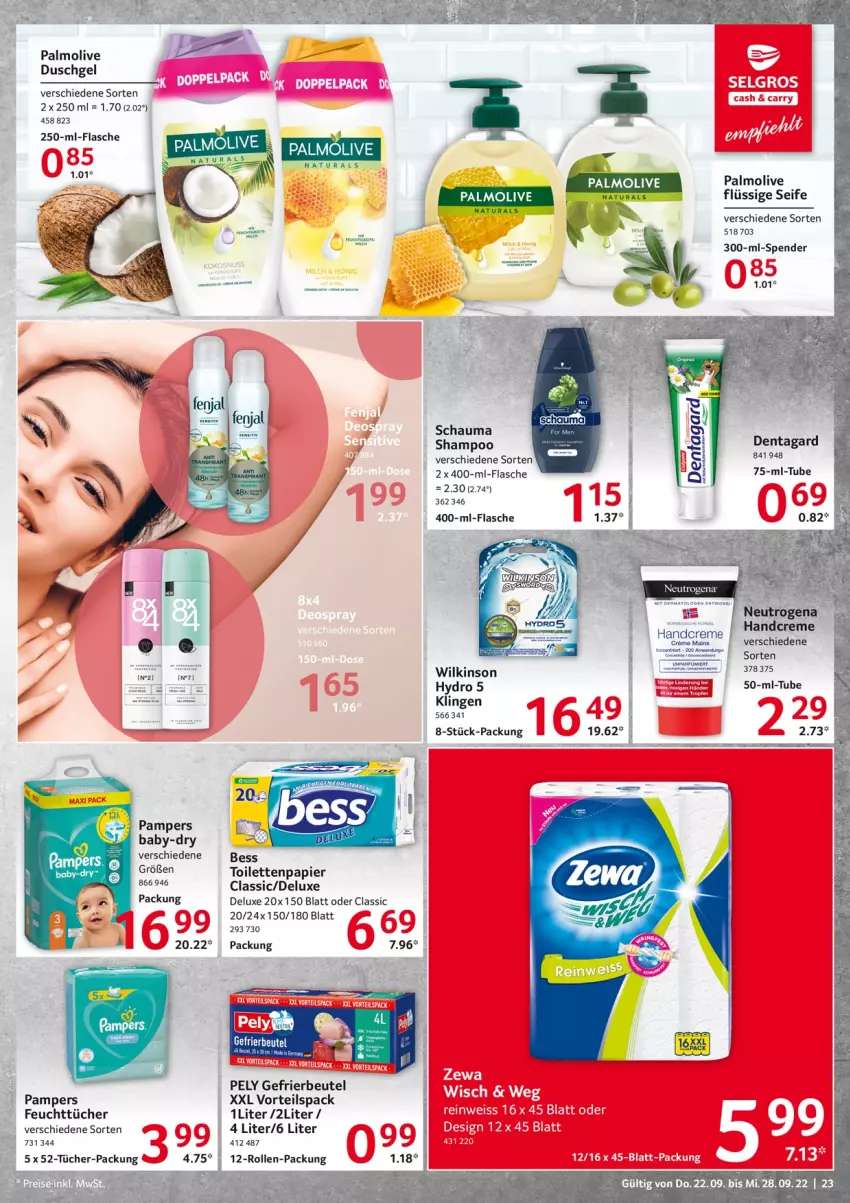 Aktueller Prospekt Selgros - Food - von 22.09 bis 28.09.2022 - strona 23 - produkty: baby-dry, beutel, creme, duschgel, feuchttücher, flasche, gefrierbeutel, handcreme, natur, natura, neutrogena, olive, palmolive, pampers, papier, pely, schauma, schauma shampoo, Seife, shampoo, toilettenpapier, tücher, wilkinson