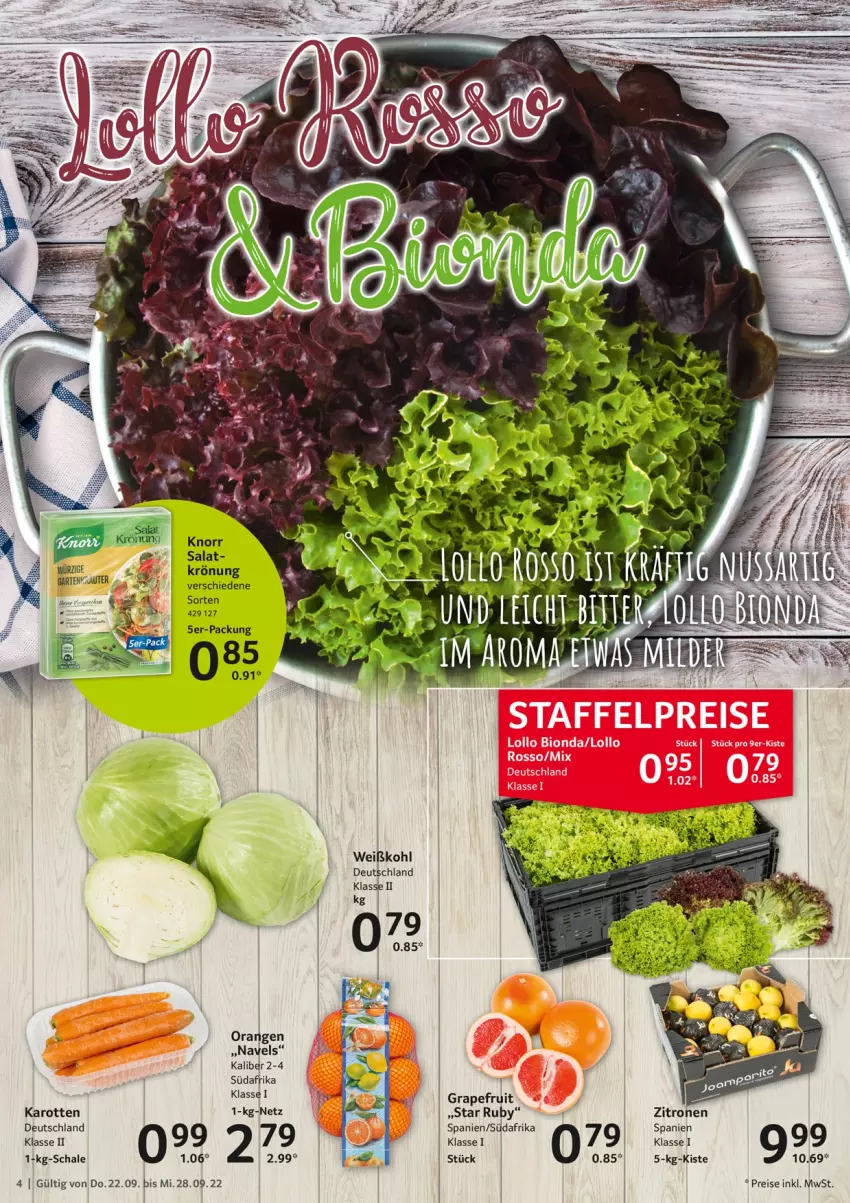 Aktueller Prospekt Selgros - Food - von 22.09 bis 28.09.2022 - strona 4 - produkty: bio, eis, grapefruit, karotten, knorr, orange, orangen, reis, salat, Schal, Schale, Ti, Weißkohl, zitrone, zitronen