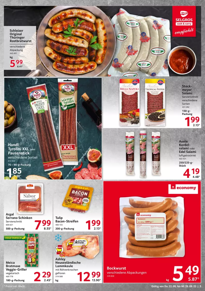 Aktueller Prospekt Selgros - Food - von 22.09 bis 28.09.2022 - strona 5 - produkty: axe, bacon, bratmaxe, bratwurst, gin, grill, lamm, lammkeule, meica, original thüringer, reifen, ring, rostbratwurst, salami, schinken, serrano, serrano schinken, snack, thüringer rostbratwurst, Ti, tulip, Vegeta, veggie, wurst