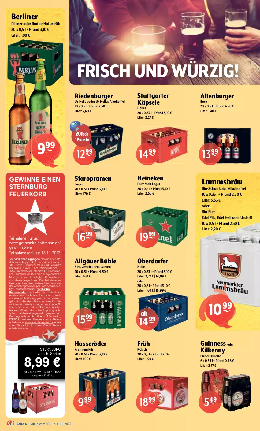 Aktueller Prospekt Getraenke Hoffmann - Prospekte - von 06.11 bis 11.11.2023 - strona 4 - produkty: alkohol, altenburger, Berger, berliner, berliner kindl, bier, bio, burger, corona, corona extra, eis, elle, Engel, erde, Feuerkorb, Früh Kölsch, getränk, getränke, gewinnspiel, Guinness, hasseröder, heineken, kellerbier, Kilkenny, korb, kraft, lamm, LG, Lübzer, malz, Meister, natur, oder radler, Paula, paulaner, pils, pilsner, premium pils, radeberger, radler, reis, Schankbier, Schultheiss, Spiele, Staropramen, Sternburg, störtebeker, Ti, weck