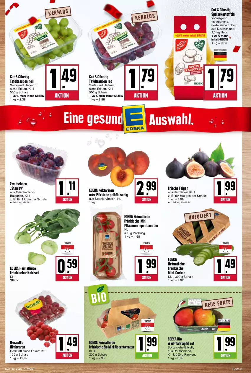 Aktueller Prospekt Kupsch - Angebote der Woche - von 05.09 bis 10.09.2022 - strona 3 - produkty: beere, beeren, bio, deka, edeka bio, eis, Feigen, fleisch, gurke, gurken, himbeer, himbeere, himbeeren, kartoffel, kartoffeln, kohlrabi, LG, mini-gurken, Nektar, nektarinen, nektarinen oder, oder pfirsiche, pfirsich, pfirsiche, pflaume, pflaumen, rispentomaten, Schal, Schale, speisekartoffeln, tafeläpfel, tafeltrauben, Ti, tomate, tomaten, trauben