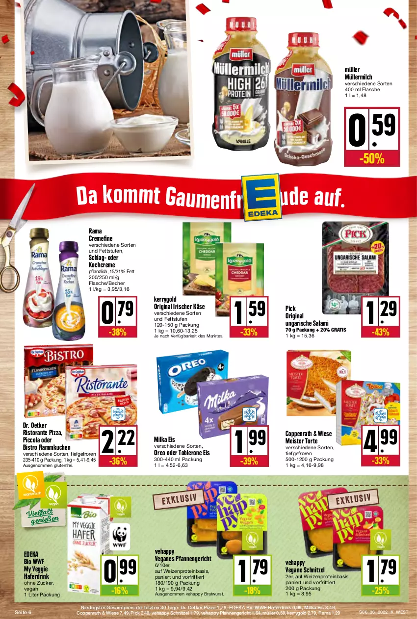 Aktueller Prospekt Kupsch - Angebote der Woche - von 05.09 bis 10.09.2022 - strona 6 - produkty: Becher, bio, bratwurst, cola, coppenrath, creme, deka, Dr. Oetker, drink, edeka bio, eis, flammkuchen, flasche, gin, hafer, Haferdrink, Käse, kerrygold, Kochcreme, kuchen, lamm, Meister, Meister Torte, milch, milka, Müller, müllermilch, oreo, pfanne, pfannen, pizza, rama, rama cremefine, reis, ristorante, ristorante pizza, salami, schnitzel, Ti, toblerone, torte, Ungarische Salami, Vegeta, veggie, wurst, ZTE, zucker