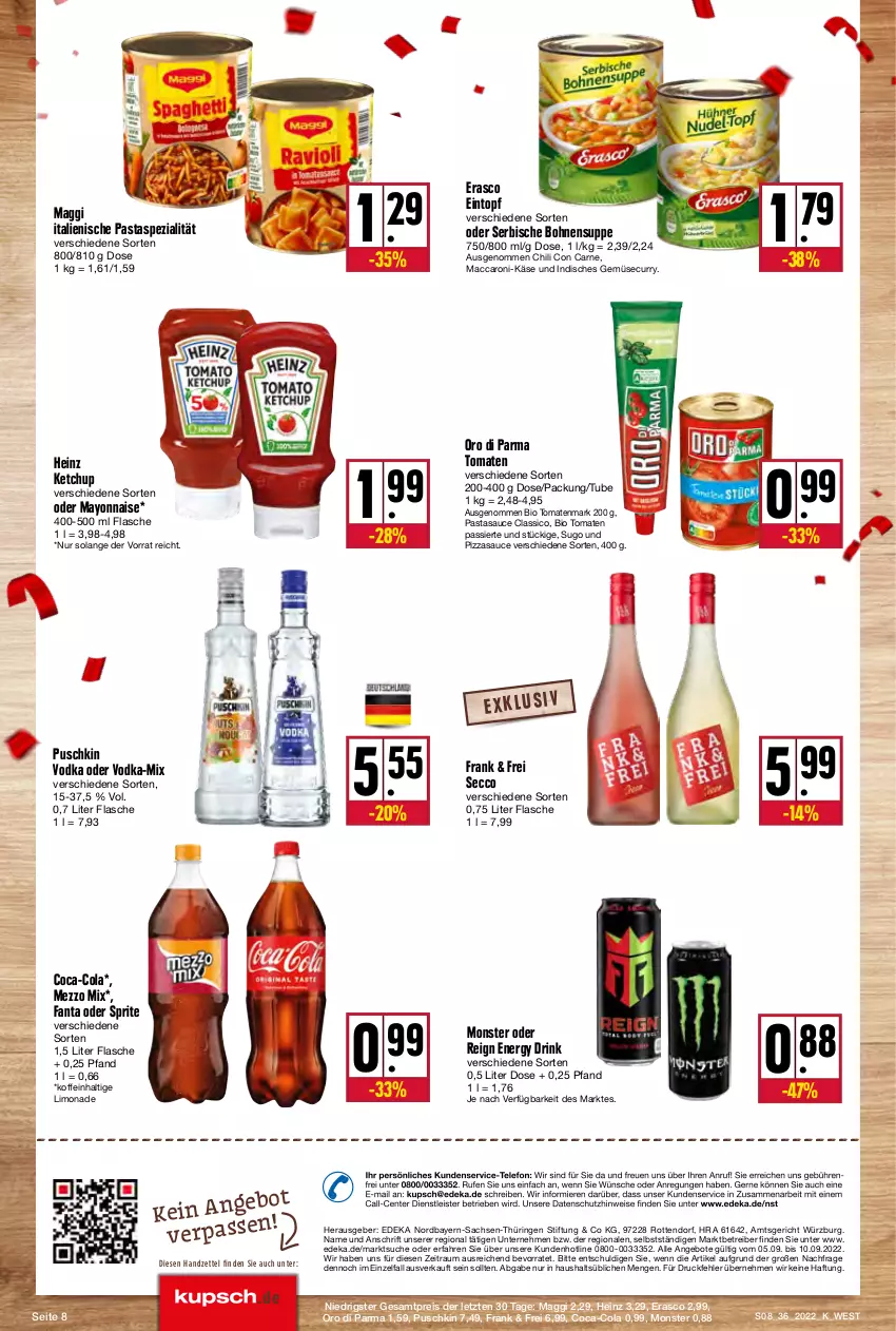 Aktueller Prospekt Kupsch - Angebote der Woche - von 05.09 bis 10.09.2022 - strona 8 - produkty: ACC, angebot, angebote, Astra, bio, bohne, bohnen, chili, classico, coca-cola, cola, curry, deka, drink, ecco, eintopf, eis, energy drink, ente, erasco, fanta, fanta oder, fanta oder sprite, flasche, heinz, italienische pasta, Käse, ketchup, limo, limonade, mac, maggi, mayonnaise, Mezzo Mix, monster, oder sprite, oro di parma, pasta, pizza, puschkin vodka, Rauch, reis, ring, sac, sauce, Spezi, sprite, Sugo, suppe, telefon, Ti, tomate, tomaten, Tomaten Passiert, tomatenmark, topf, vodka, Yo, ZTE