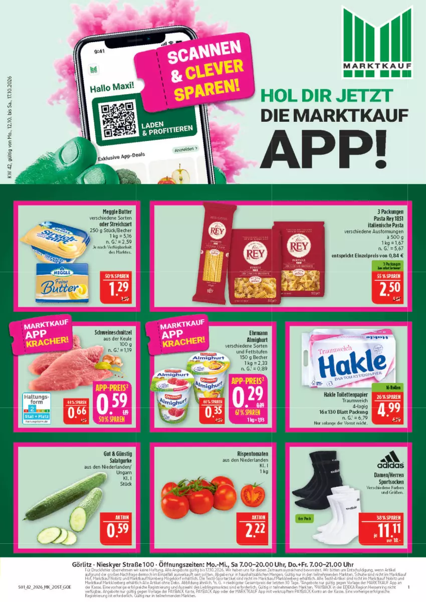 Aktueller Prospekt Marktkauf - Prospekt - von 11.10 bis 17.10.2026 - strona 1 - produkty: almighur, almighurt, ariel, Becher, butter, ehrmann, ehrmann almighurt, eis, hakle, hakle toilettenpapier, italienische pasta, meggle, papier, pasta, reis, rispentomaten, salat, schnitzel, schwein, schweine, schweineschnitzel, socken, Sport, sportsocken, Streichzart, Ti, toilettenpapier, tomate, tomaten, uhr, wein, weine