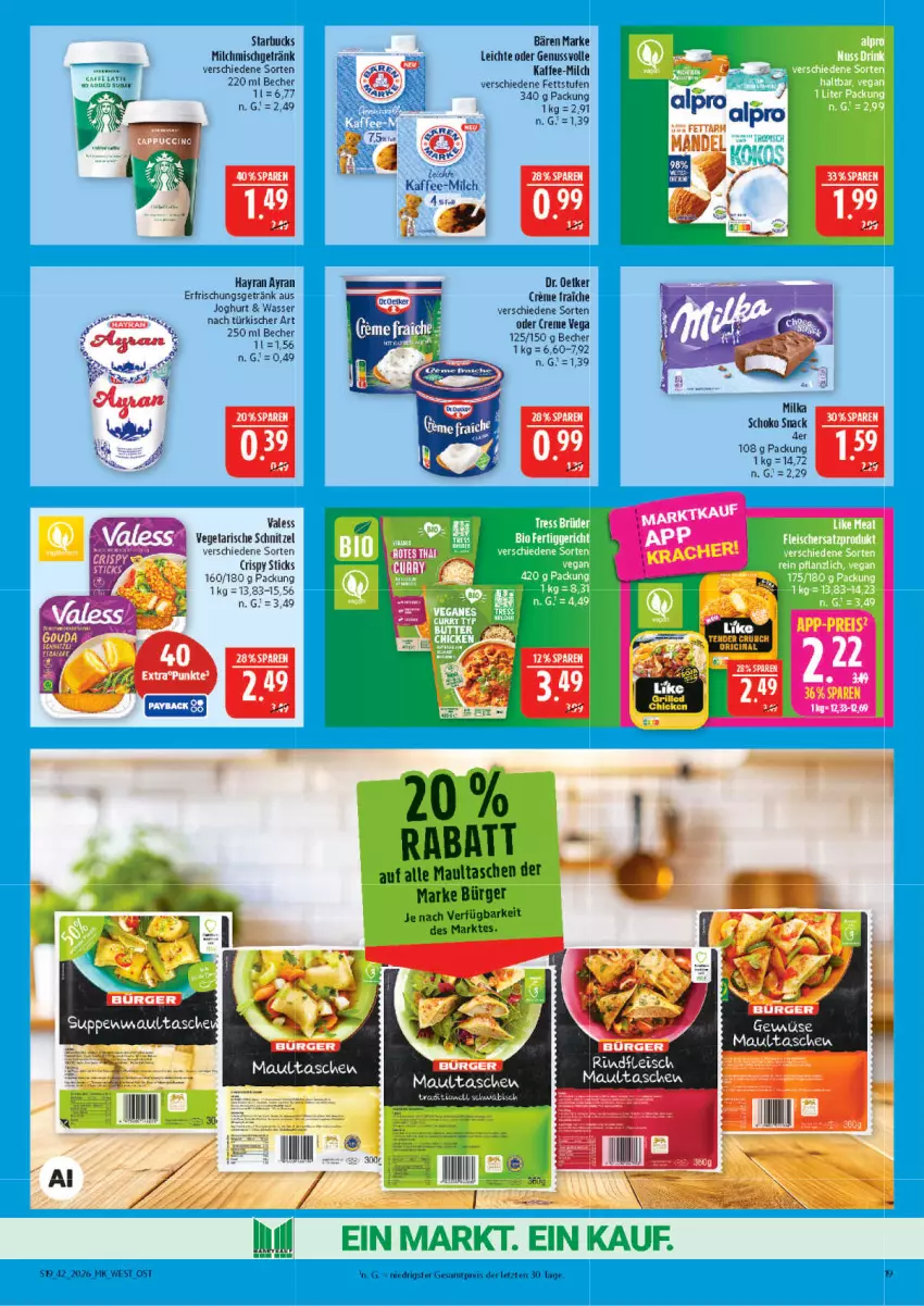Aktueller Prospekt Marktkauf - Prospekt - von 11.10 bis 17.10.2026 - strona 19 - produkty: Ayran, Becher, burger, creme, Dr. Oetker, eis, erfrischungsgetränk, getränk, joghur, joghurt, kaffee, maultaschen, milch, milka, nuss, reis, rind, schnitzel, schoko, snack, starbucks, Tasche, taschen, tee, Ti, Vegeta, wasser, ZTE