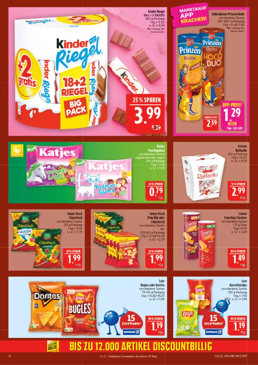 Aktueller Prospekt Marktkauf - Prospekt - von 11.10 bis 17.10.2026 - strona 22 - produkty: bett, bugles, chips, chipsfrisch, crunchips, debeukelaer, Doritos, funny-frisch, kartoffel, kartoffelchips, katjes, Kinder, kinder riegel, lays, lorenz, lorenz crunchips, pom-bär, prinzen rolle, riegel, tee, Ti, Vegeta