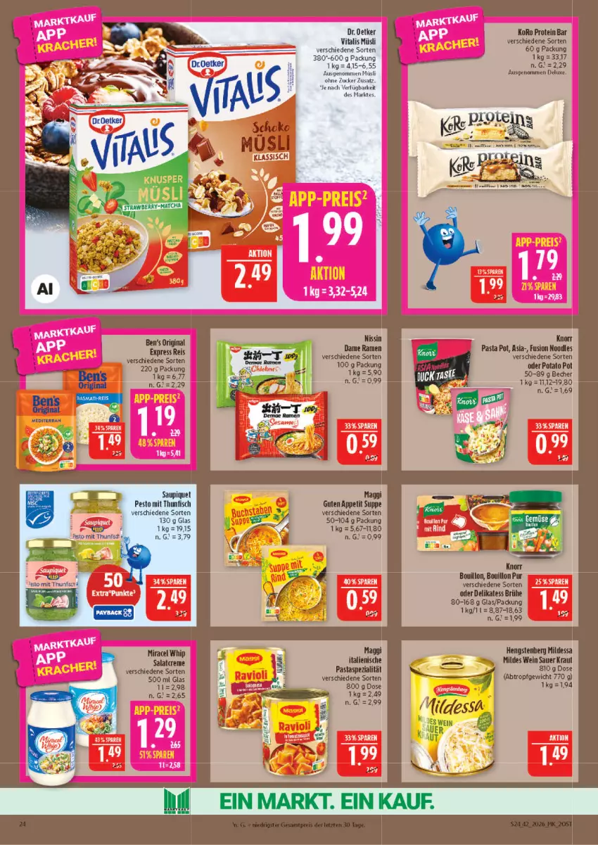 Aktueller Prospekt Marktkauf - Prospekt - von 11.10 bis 17.10.2026 - strona 24 - produkty: auer, Brühe, creme, Dr. Oetker, fisch, knorr, Kraut, LG, maggi, miracel, miracel whip, müsli, Nissin, pesto, salat, salatcreme, saupiquet, suppe, thunfisch, Ti, vita, vitalis, vitalis müsli, wein, zucker