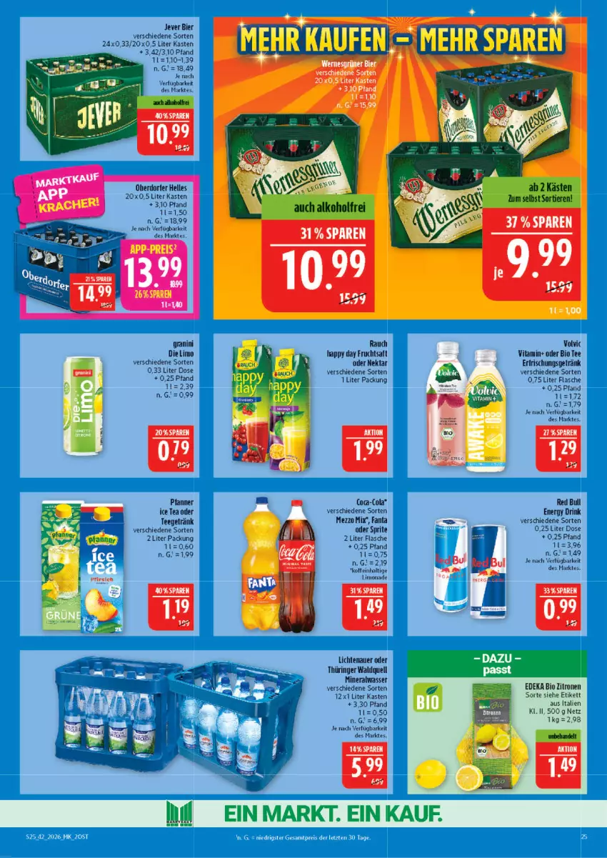 Aktueller Prospekt Marktkauf - Prospekt - von 11.10 bis 17.10.2026 - strona 25 - produkty: Alwa, auer, bier, bio, cola, deka, drink, edeka bio, elle, energy drink, erfrischungsgetränk, fanta, fanta oder, fanta oder sprite, flasche, frucht, fruchtsaft, getränk, granini, granini die limo, Happy Day, ice tea, jever, lichtenauer, limo, limonade, Mezzo Mix, mineralwasser, Nektar, oder sprite, pfanne, Pfanner, Rauch, ring, saft, sprite, tee, Ti, vita, volvic, wasser, zitrone, zitronen